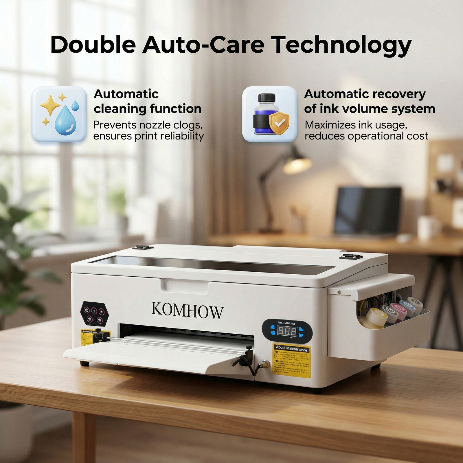 KOMHOW DTF Printer showing double auto-care technology features